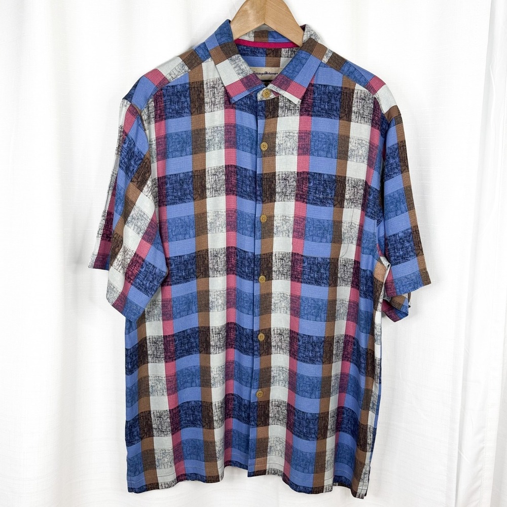 Tommy Bahama Silk Shirt Mens Large Original Fit Plaid Button Up Camp Shirt EUC